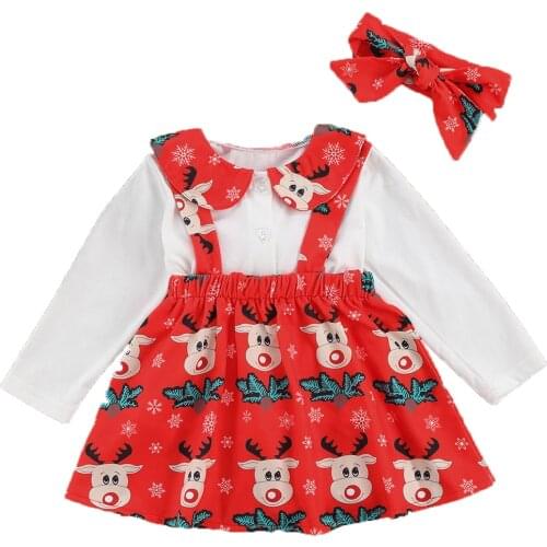 3Pcs Children Christmas Outfits, Lapel Long-Sleeves Top + Cartoon Elk Suspenders Skirt + Hairband Suit Kids Baby Girls, 1-6Y