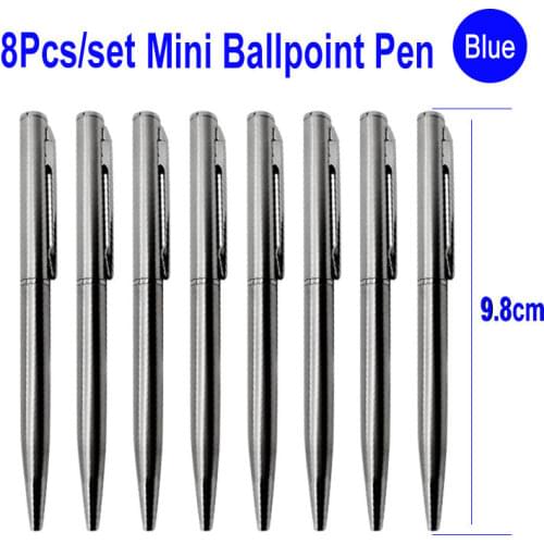8Pcs/Set Mini Metal Clip Ballpoint Pen 1.0mm Office Signature Rotating Pocket Size Ball Point Pen Small Oil Pens Blue Black Ink