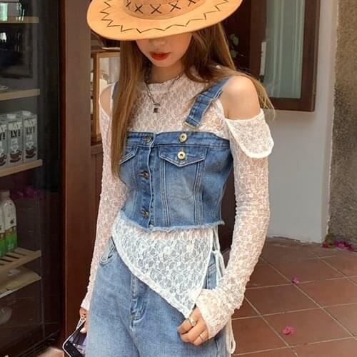 Korean Irregular White Lace Blouse Women Summer Two Piece Blouse Women Denim Tank Top and Shirts Tops Blouses blusas mujer