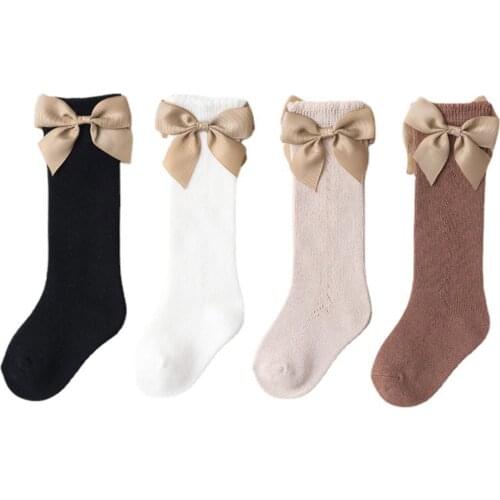 Kids Children Girls Cotton Solid Socks Bow Knot Baby Infant Toddler Summer Breathable Knee High Socks 0-6 Years