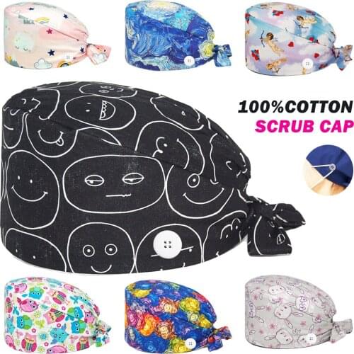 Women Men Surgicals Hat Cotton Anime Print Nursing Cap Beauty Salon Pharmacy Lab Dentist Nurse Working Scrubs Caps with Buttons