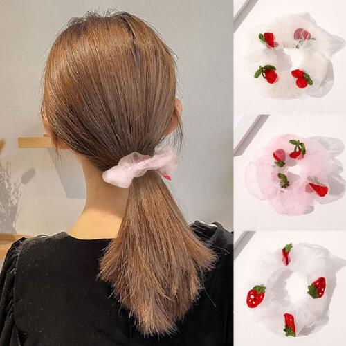 Elastic Hair Rubber Band Cherry Strawberry Organza Hair Rope Handmade Embroidery Hair Ring Gauze Fruit Print Scrunchie