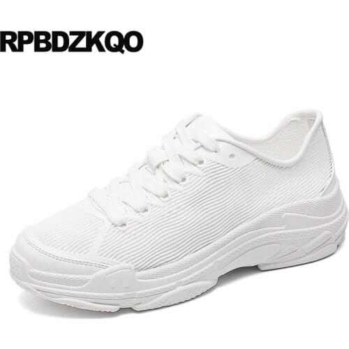 Harajuku muffin creepers platform shoes breathable women sneakers mesh lace up wedge hidden white thick sole trainers elevator