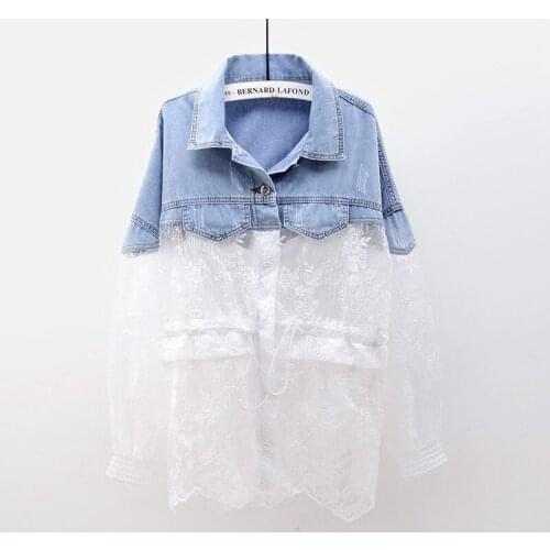 Summer Thin Lace Splicing Denim Jacket Women Sun Protection Outerwear Korean Fashion Loose Casual Mid Long Jeans Jackets Female