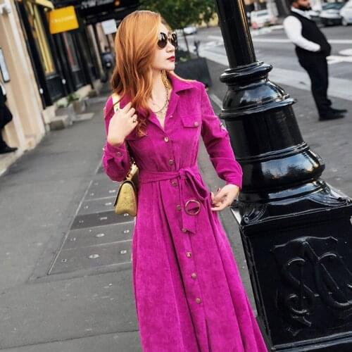 Fashion Ladies Autumn Solid Color Dress Button Pocket Stitching Temperament Slim Corduroy Bottoming Street Wear Dress