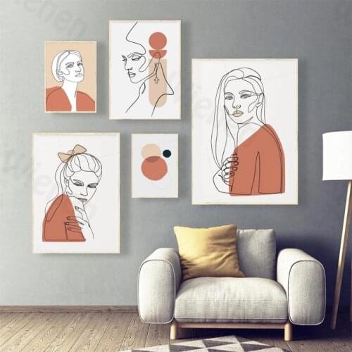 Nordic Fashion Poster Orange Girl Portrait Line Art Canvas Print Decorative Painting Wall Art for Living Room Bedroom Frameless