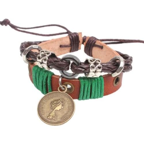 Fashion Vintage Beads Bracelet Alloy Queen Coin Charm Bangle Wrap Handmade Braided Rope Leather Wristbands Unisex Retro Jewelry