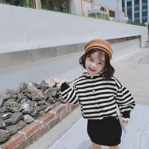 Autumn Casual Girls Clothing Two-pieces Sets Striped Wood Ear Lace Knitted Cardigan Coat+Short Skirt Suits Kids Outfits 12M-6T