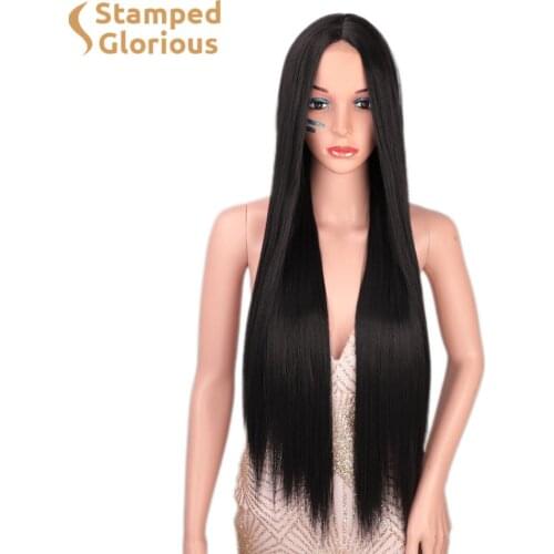 Stamped Glorious Black Long Straight Synthetic Wig For Women Middle Part Natural Heat Resistant Wigs Middle Part Natural Heat