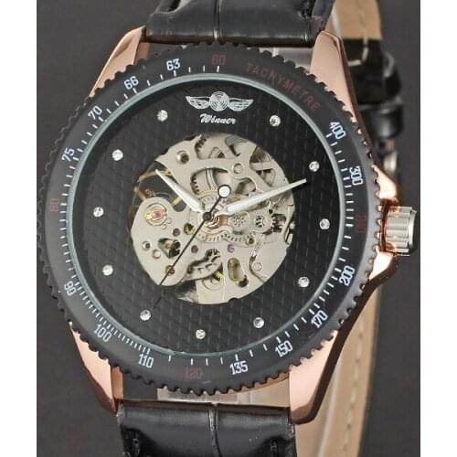 WINNER Quality Men Watches Wheel Skeleton Diamond Design Automatic Mechanical Watch Casual Sports Genuine Leather Male Watch