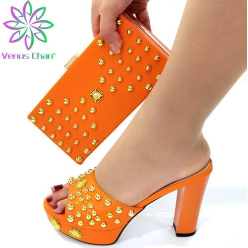 2021 New Arrivals African Women Shoes Matching Bag in Orange Color Slingbacks Sandals with Shinning Crystal for Garden Party