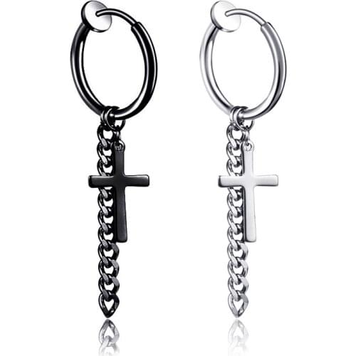 Korean Style Clip on Earrings Men Punk Chain Cross Earrings Stainless Steel Ear Cuff No Piercing Rock Jewlery brincos feminino