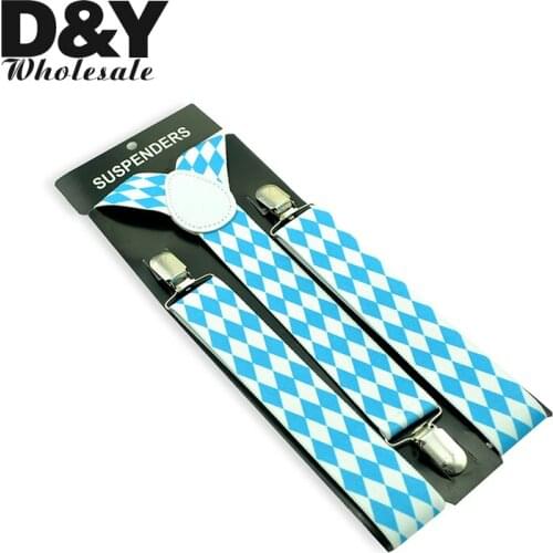 35mm wide suspender for men White Sky Blue Diamond Check Braces Men Suspenders Casual Clothing Trouser Clip on Yback Plaid strap