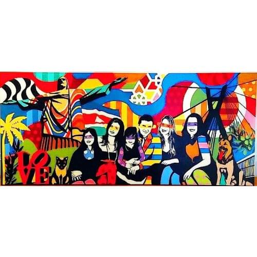 Modern abstract handmade painting pop art warm family group photo on oil canvas for home decor, wallpaper