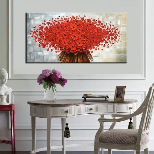 Modern Abstract Hand Painted Canvas Wall Art Textured Red Flower Oil Painting Artwork Knife Painting For Home Hotel Decorate