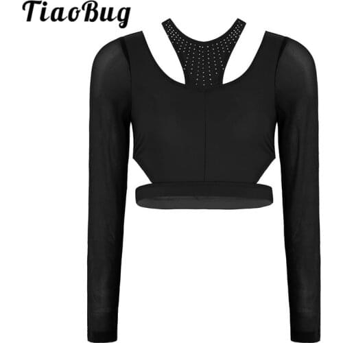 TiaoBug Women Shiny Rhinestones Dancewear Long Sleeve Back Cross Crop Top Adult Performance Dance Costume Ballet Gymnastics Tops