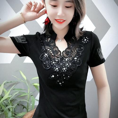 Womens Spring Summer Style Mesh Blouse Shirt Womens V-neck Embroidery Short Sleeve Sexy Casual Lace Tops DD8507