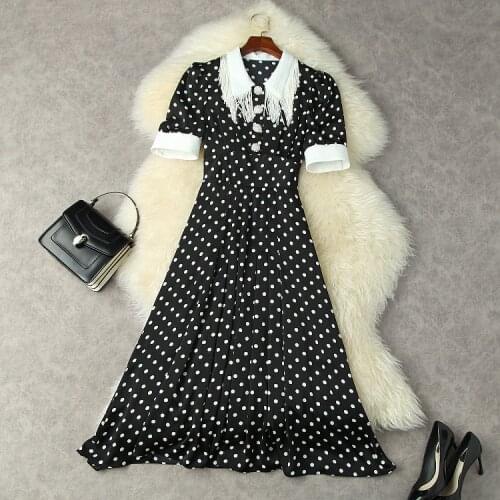 European and American womens wear for summer 2021 Short sleeve tassel sequined lapel Fashion polka dot print pleated dress