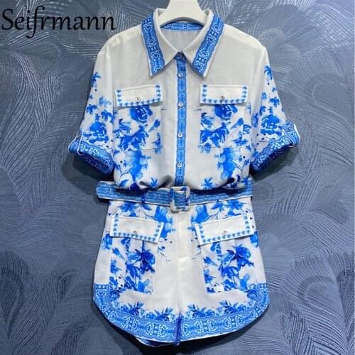 Seifrmann New 2021 Summer Women Fashion Designer Shorts Set Short Sleeve Loose Blouses + High Waist Pockets Printed Shorts Suits