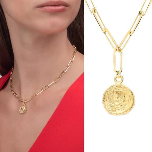 Double-sided pattern necklace women European and American retro tag necklace human head chain round item decoration