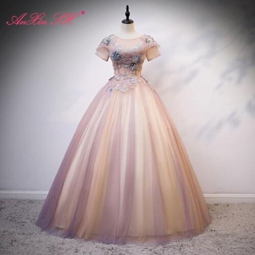 AnXin SH vintage princess coffee and purple lace rose embroidery flower o neck short sleeve illusion bride evening dress