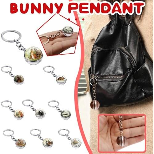 1PC Easter Bunny Time Gemstone Double-Sided Glass Ball Keychain Key Ring DIY Pendant Charms Key Chains Keyring Accessories
