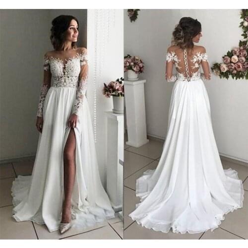 2019 Long Sleeves Boho Wedding Dresses Sheer Neck Appliques Chiffon Side Split Bridal Dresses Sexy Beach Bohemian Wedding Gowns