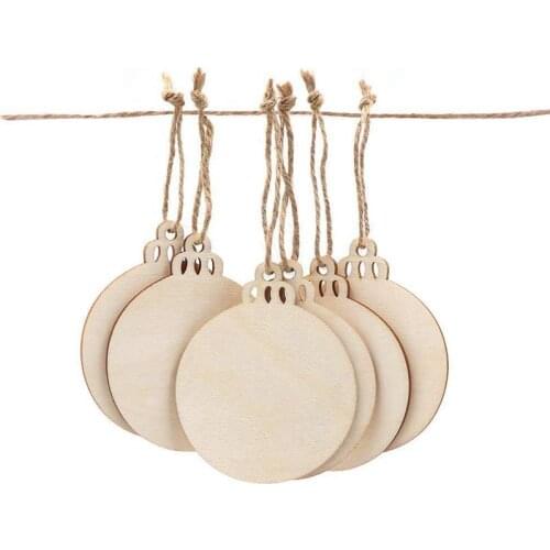50pcs DIY Craft Wooden Round Bauble with 50pcs Twines to Paint, Unfinished Christmas Hanging Ornaments Natural Blank Wood Discs
