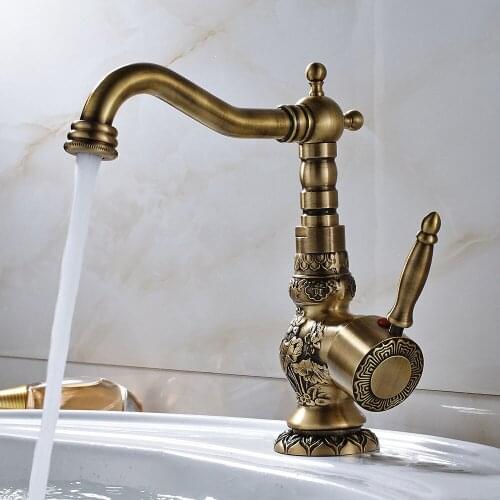 Antique Brass Bathroom Basin Carved Faucet Wash Sink Tap 360 Rotation Single Handle Mixer Tap KD1090