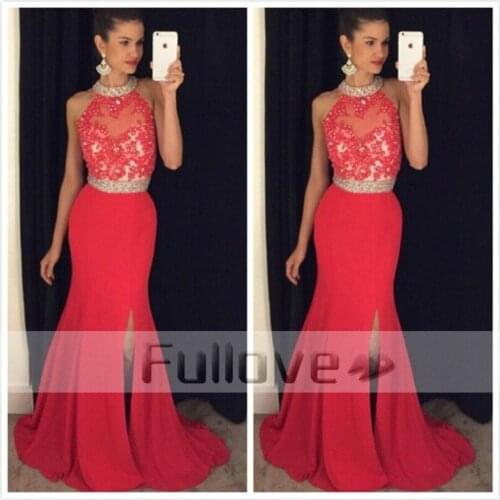 Shining Red Beaded Crystal Prom Dresses 2019 Halter Mermaid Formal Party Dress Pearls Prom Gowns Robe de Soiree Abendkleider