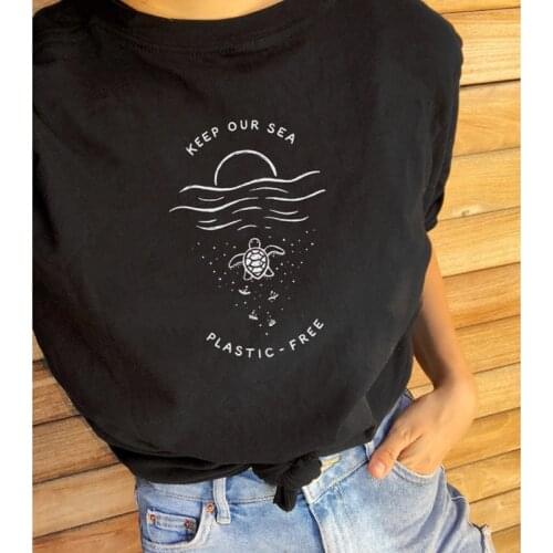 Keep Our Sea Plastic-free Turtle Printed Eco T-shirt Unisex Summer Crewneck Organic Tshirt Trendy Women Slogan Graphic Tees Tops
