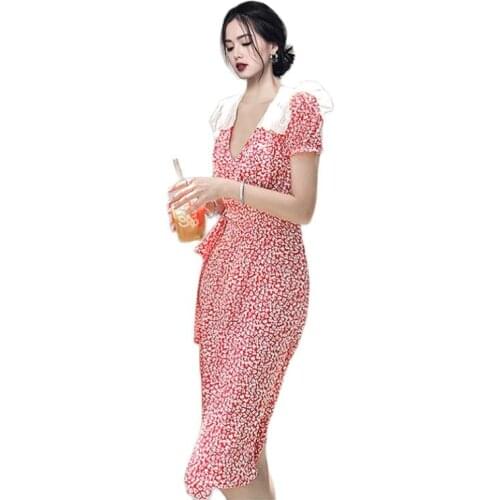 French floral dress one piece korean ladies Summer Dot V neck Sexy chiffon cabaret party causal formal maxi Dresses for women