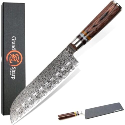 GRANDSHARP Damascus Kitchen Knives Santoku 7 Inch vg10 Japanese Damascus Stainless steel 67 Layers Chef Cooking Tools Gift Box