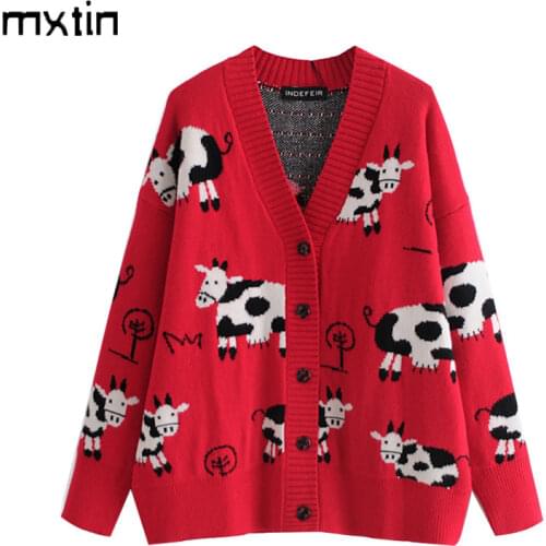 MXTIN 2021 Womens Vintage Animal Picture Oversize Knitted Cardigan Sweater Fashion Long Sleeve Female Casual Women Clothing Top