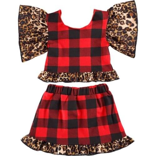 Toddler Kid Girls Summer Clothing Plaid Outfits Leopard Flare Sleeve Round Neck Top Mini Skirt 2PCS Girls Clothes 1-6Y