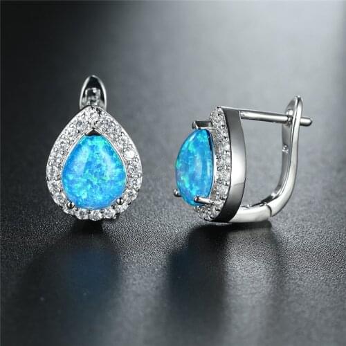 Cute Water Drop Stone Small Earrings White Blue Fire Opal Hoop Earrings Dainty Rose Gold Silver Color Wedding Earrings For Women