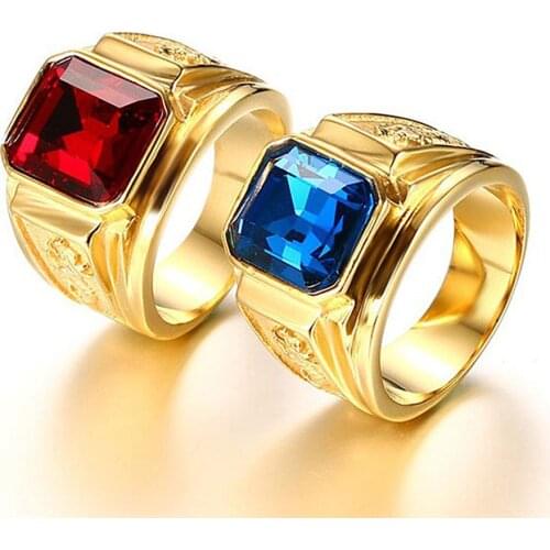 Sapphire ruby gemstones blue red zircon diamonds rings for men 18k gold tone stainless steel dragon jewelry bijoux fashion gift