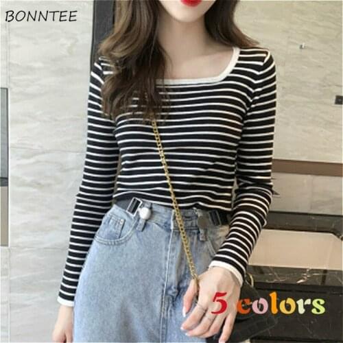 Pullovers Women Spring Chic Square Collar Korean Striped Femme Knitted Slim Elegant Fashion Sweet Daily Ladies Oversize Jumpers