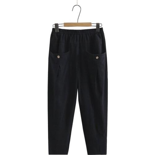 Plus Size XL-4XL Womens Cotton&Linen Solid Pants Elastic Waist Slim Ankle Trousers with Big Pockets
