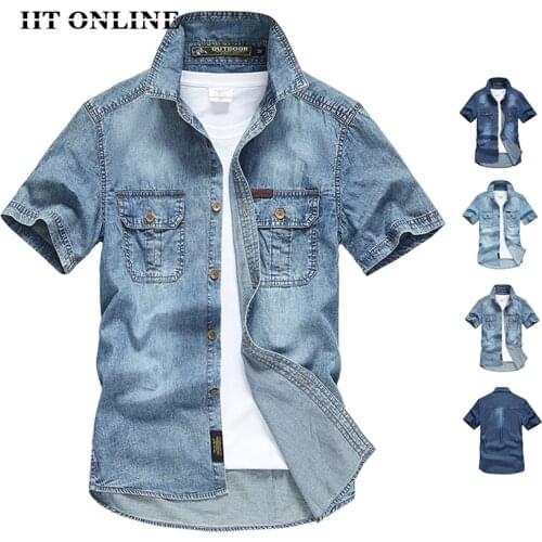 Mens Denim Shirts Summer Blue Pocket Short Sleeve Casual Shirts 100% Cotton Slim High Quality Tops Breathable Camisa Masculina