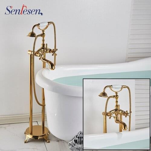 SENLESEN Bathtub Faucet Gold Finish Floor Mounted Tub Mixer Faucet with Ceramic Handle Shower Faucet Hot and Cold Water