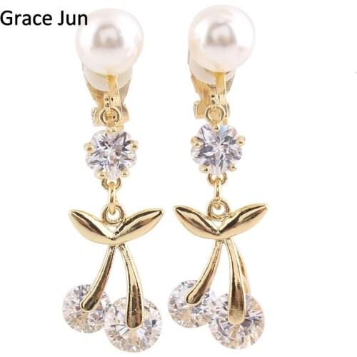 Grace Jun High Quality Bridal AAA CZ Cherry Clip on Earrings Non Piercing for Women Copper Material Simulated Pearl Earrings 8MM