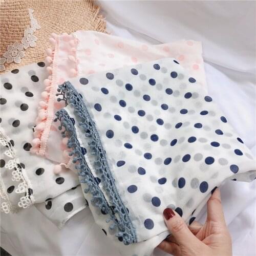 2020 mercerized cotton polka dot printed head scarf shawls and wraps bufanda de lace border pom pom hijabs muslim islamic scarf