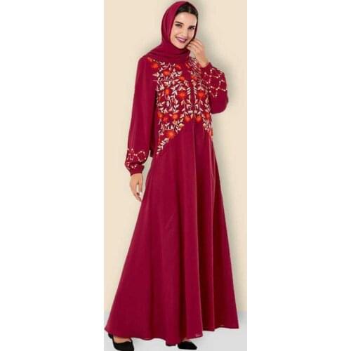 Middle East Muslim Fashion Heavy Industry Embroidered Casual Long Sleeve Dress With Turban Kaftan Islamic For Women Robe