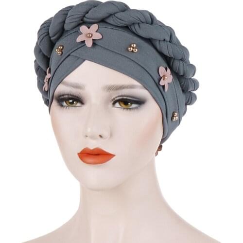 Fashion Braid turbans For Women Muslim Flower Beading Hijab Bonnet Ready to Wear Turban Caps Islamic Head Wrap Ladies Beanie Hat