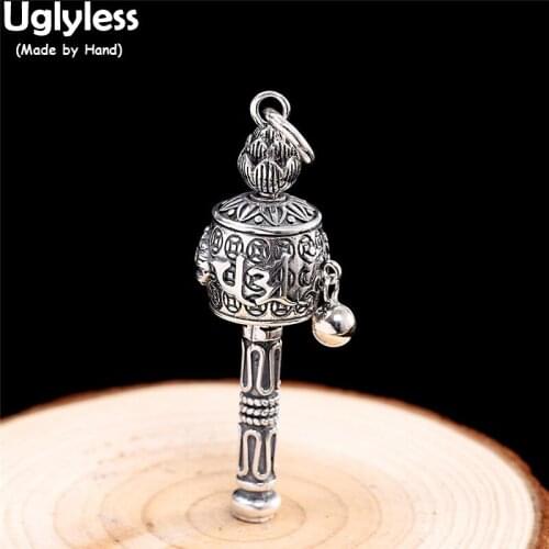 Uglyless Tibetan Buddhism Spinning Prayer Wheel Pendants for Men Women Buddhists Jewelry 925 Thai Silver Lotus Necklace NO Chain