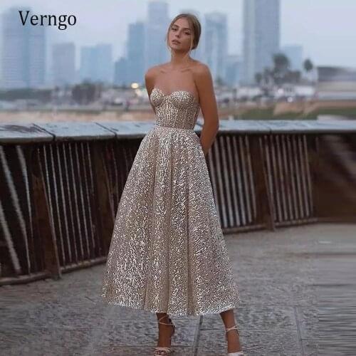 Verngo 2021 New Glitter Gold Champagne Prom Dresses Sweetheart Boning Fitted Slim Tea Length Evening Gowns Formal Party Dress