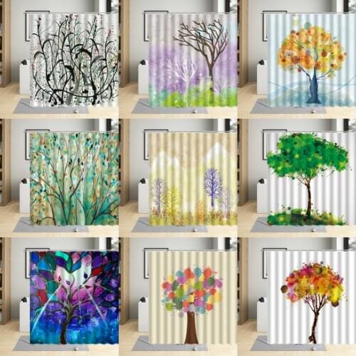 Ink Painting Colorful Art Tree Shower Curtains Waterproof Fabric Cloth Bathroom Decor Bath Screens Bathtub Curtain Set With Hook