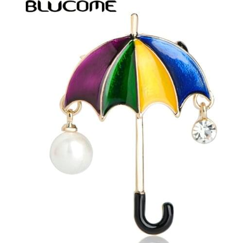 Blucome Cute Rainbow Umbrella Shape Brooches Simulated Pearls Enamel Alloy Jewelry Sweater Clothes Accessories Women Kids Gifts