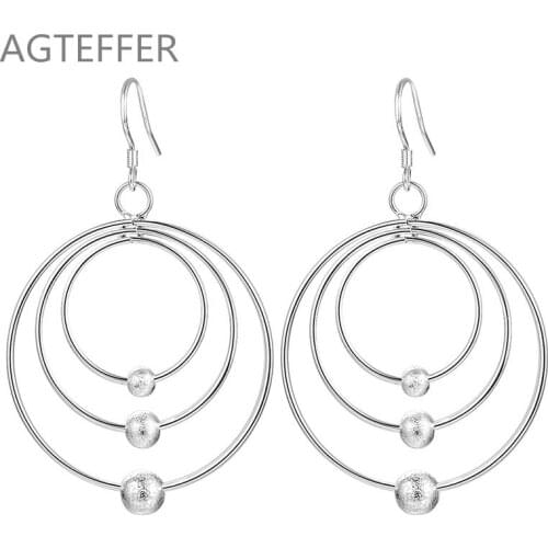 AGTEFFER 925 Sterling Silver Three Circle Hoop Frosted Beads Earrings Charm Women Jewelry Fashion Wedding Party Gift